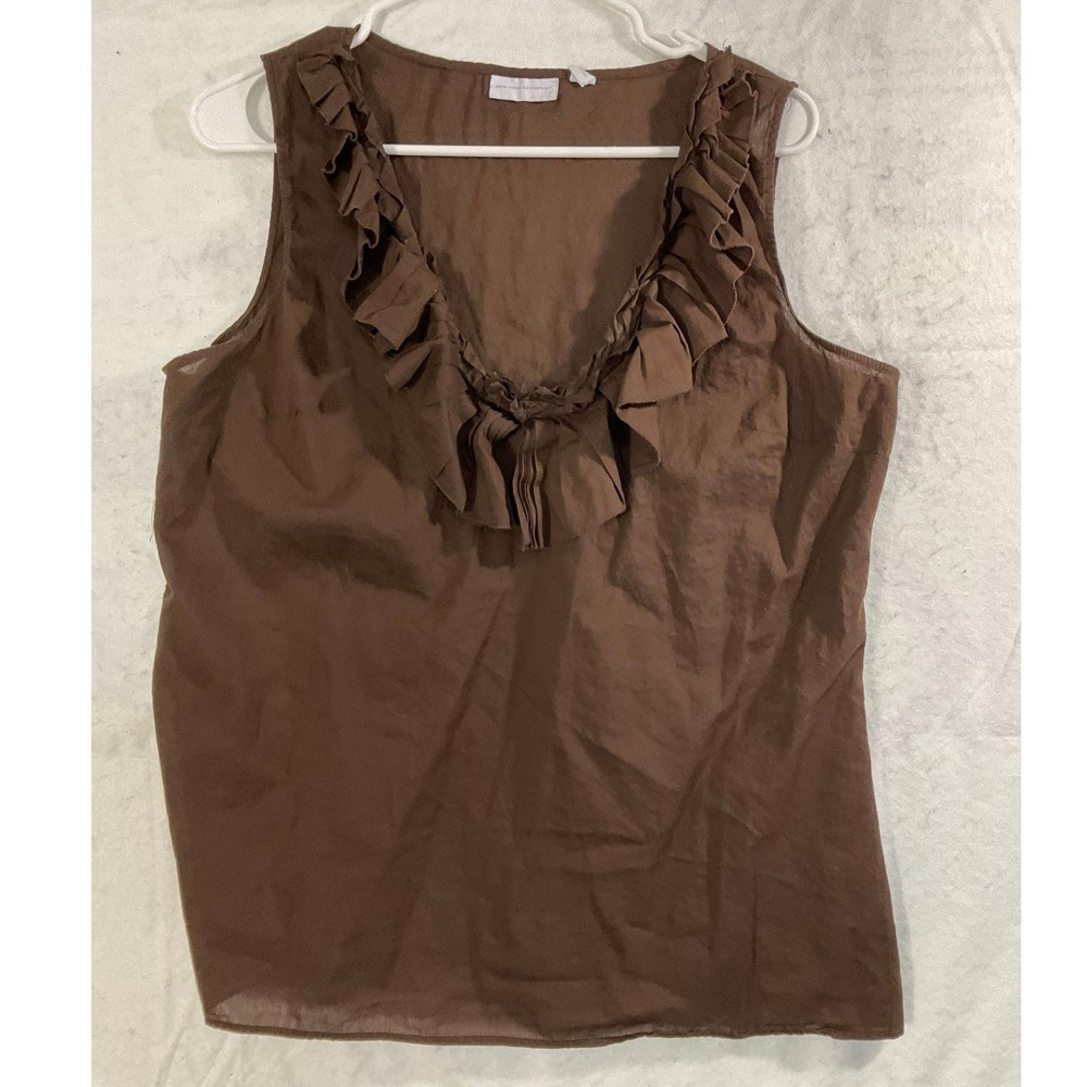 New York & Company Blouse Women L Brown Ruffle V-Neck Sleeveless Cotton Shell